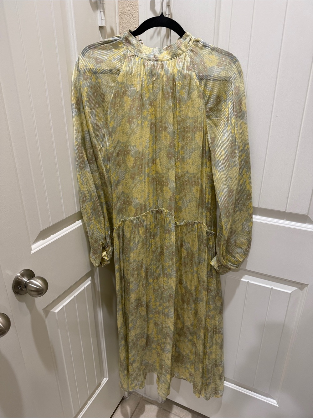 Zara Yellow Floral Pleated Long Sleeve Midi Dress